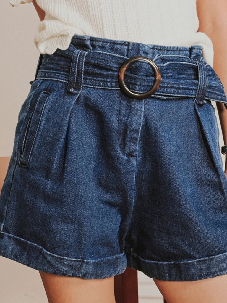 Szane Rome Denim High-Waisted Pleated Belted Shorts